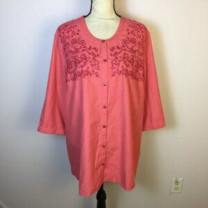 Blair Button-Up Tunic Top Blouse XL Womans Coral Floral Embroidered 3/4 Sleeve